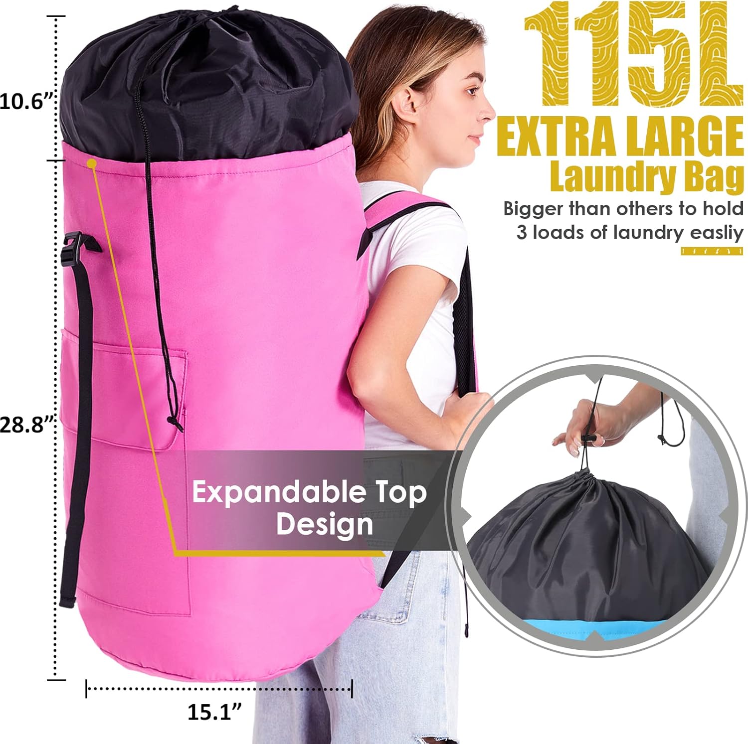 Laundry Bag 115L, College Dorm Room Essentials, Extra Large Laundry Bag with Straps, Heavy Duty Laundromat Bag, Large Laundry Backpack, Laundry Hamper Backpack for College, Dirty Clothes Bag for Dorm