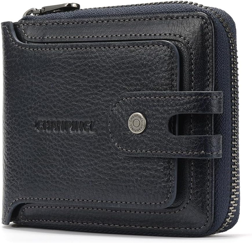 Men's brand buckle driver's license zipper genuine leather wallet, large capacity, multifunctional coin pocket (Bluish grey)