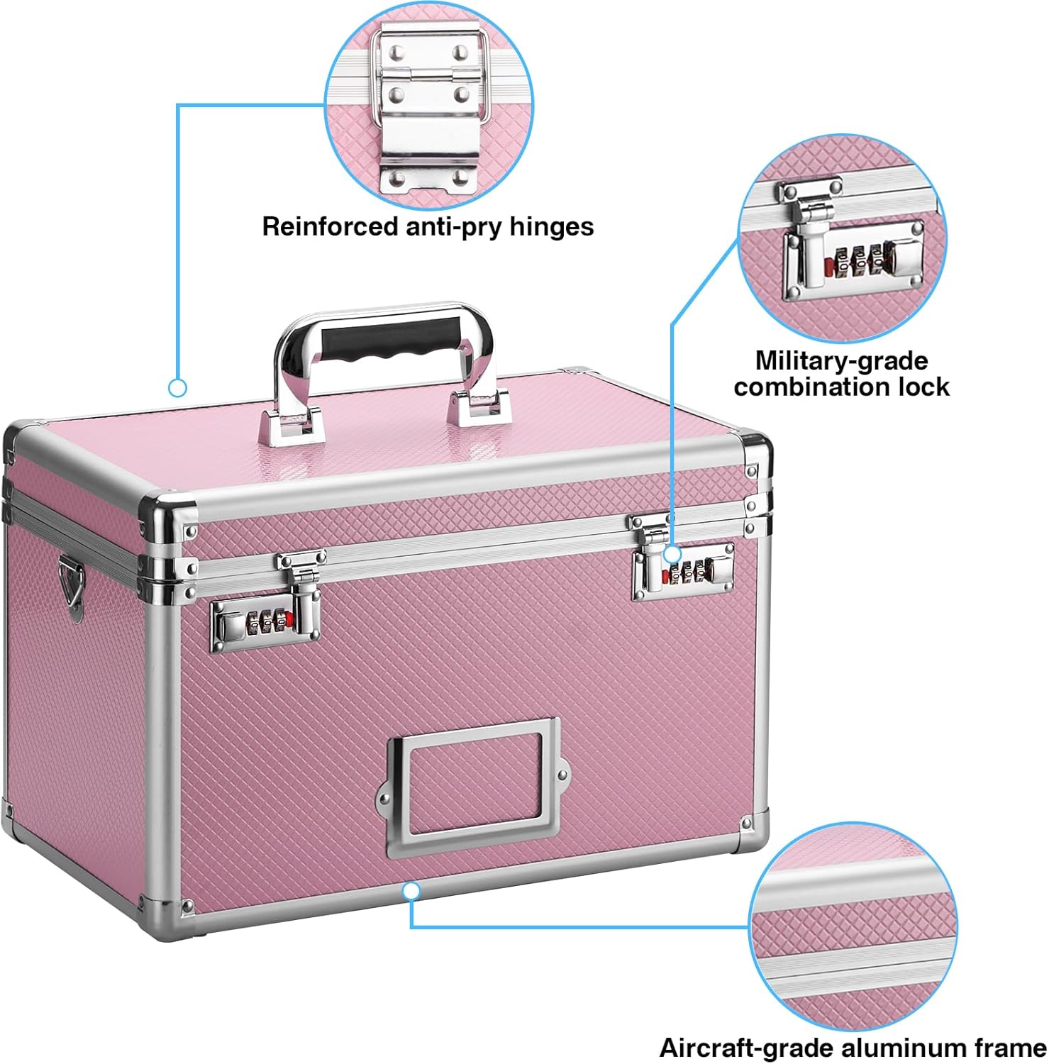 10.2 x 7 x 7.5 Inch Lockable Storage Box with Combination Lock, Portable Safe for Documents, Medicine, Cash & Valuables, Medicine Lock Box with Label Slot for Home, Office & Travel - Pink