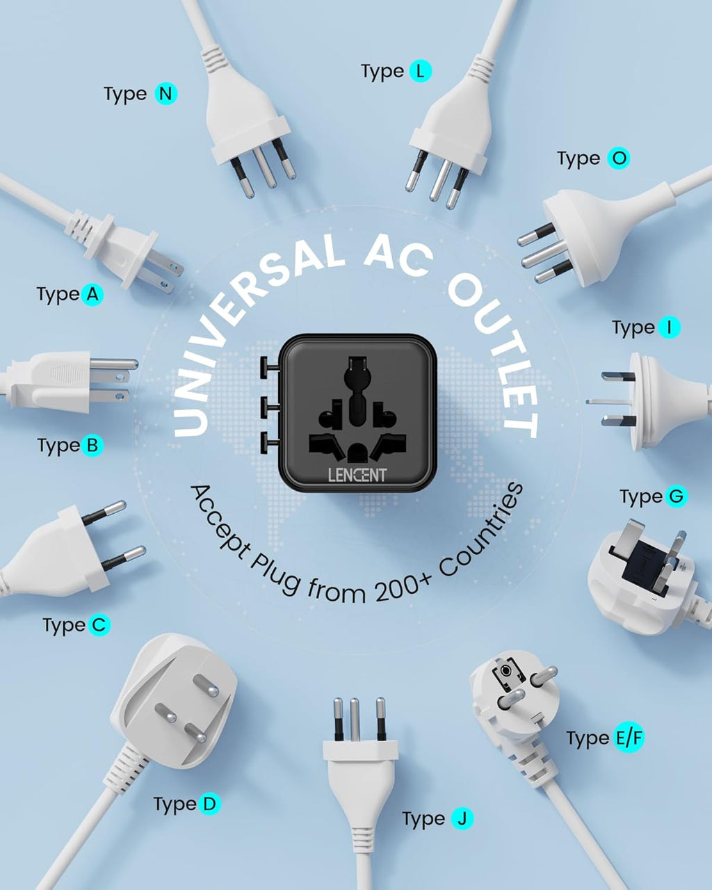 LENCENT Universal Travel Plug Adapter,International Power Adaptor with Dual AC Outlet, Worldwide Wall Charger for US to Europe UK Iceland Spain Italy France Australia(Type C/G/A/I),Black