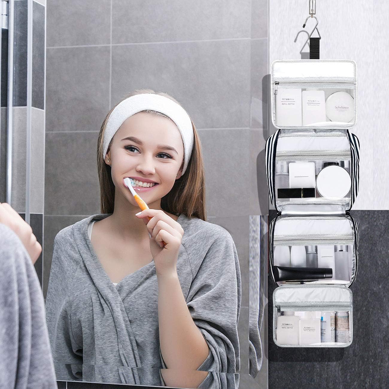 Hanging Travel Toiletry Bag,Large Capacity Cosmetic Travel Toiletry Organizer for Women with 4 Compartments & 1 Sturdy Hook,Perfect for Travel/Daily Use/Christmas