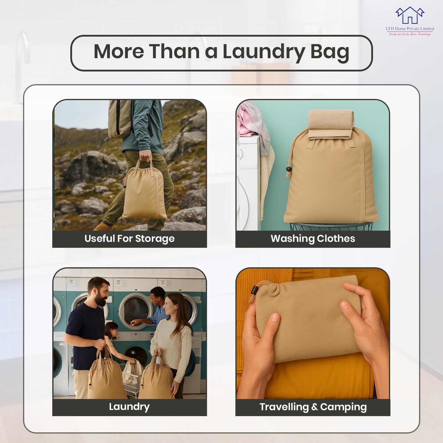 LFH Home Cotton Canvas Large Laundry Bag with Handle, Heavy Duty Drawstring Closure Washable Laundry Bags, School Travel, Home, Hotel, College Dorm, Organizer Sack, Toys Clothes 28x36-Beige