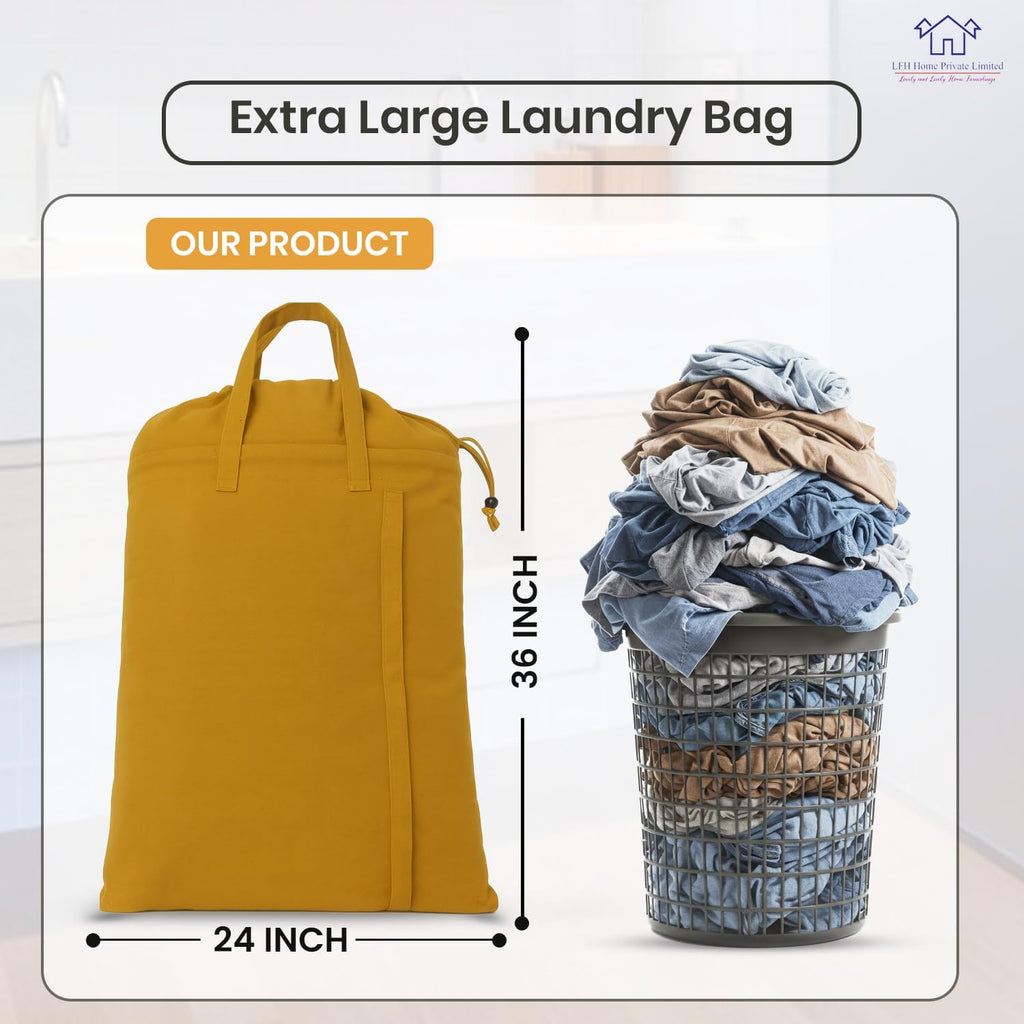 LFH Home Cotton Canvas Large Laundry Bag with Handle, Heavy Duty Drawstring Closure Washable Laundry Bags, School Travel, Home, Hotel, College Dorm, Organizer Sack, Toys Clothes 24x36-Yellow