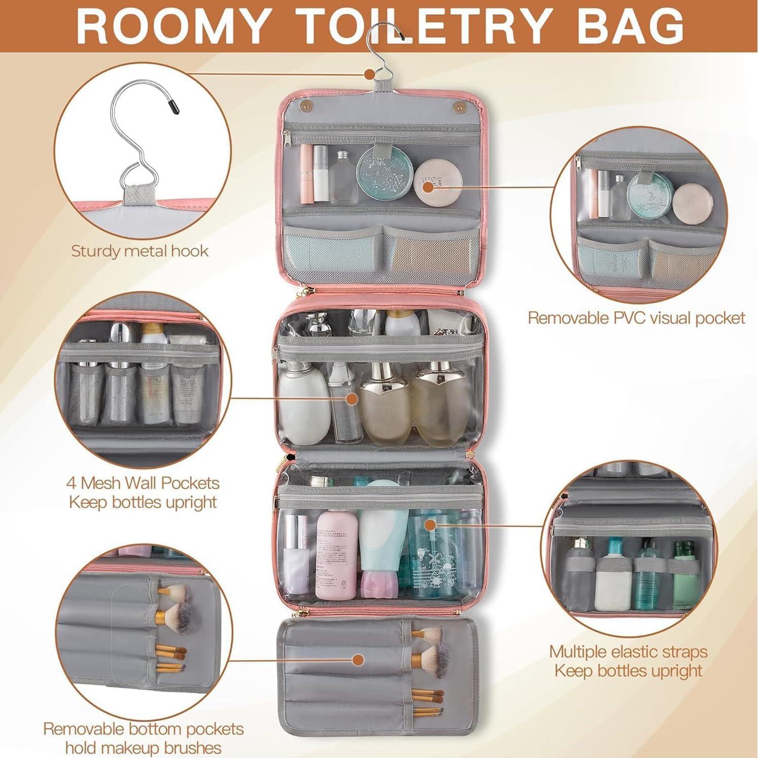 Elviros Hanging Travel Toiletry Bag for Women, 3-in-1 Large Makeup Bag and Cosmetic Organizer, Vegan Leather Waterproof Skincare Case for Travel Size Toiletries and Accessories