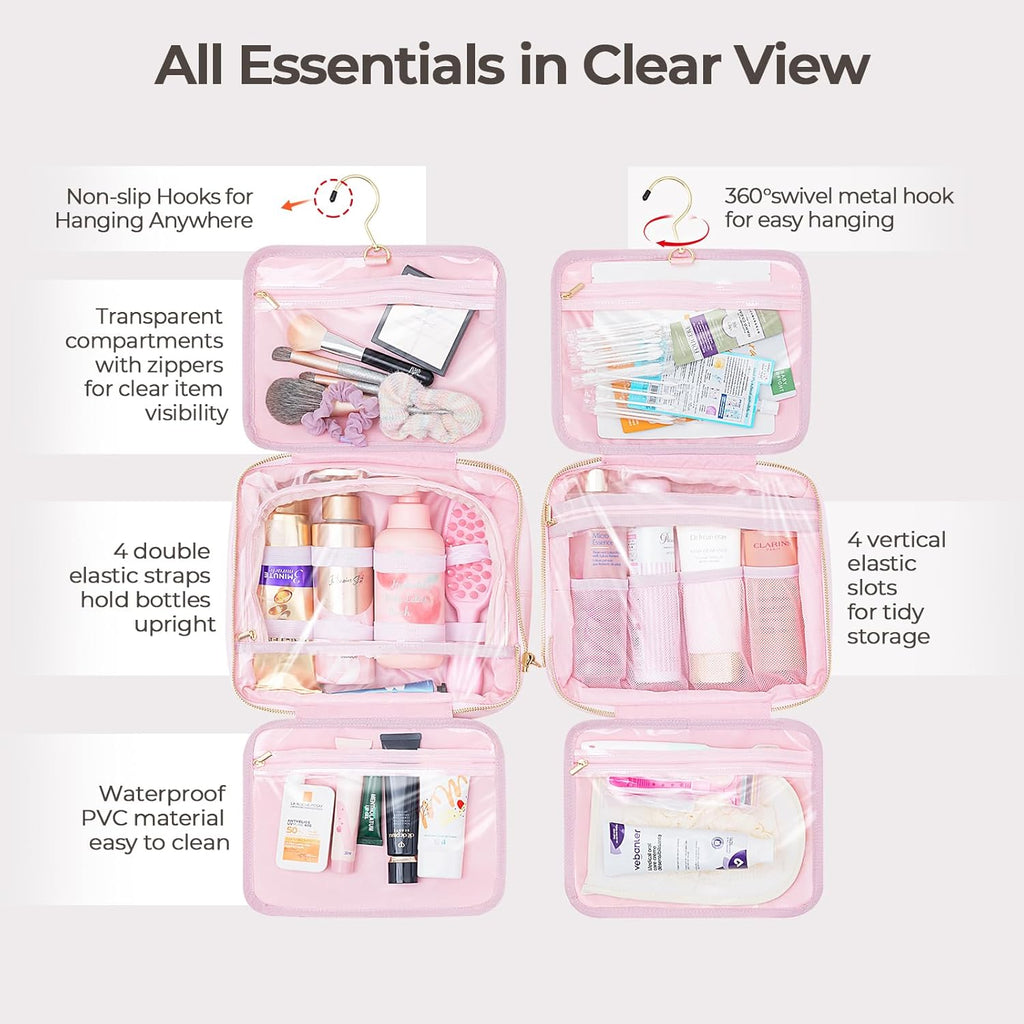 Hanging Travel Toiletry Bag for Women Detachable Toiletry Bag with 6 Compartments Large Makeup Bag Cosmetic Organizer for Bathroom Shower Business Trips Camping, Pink