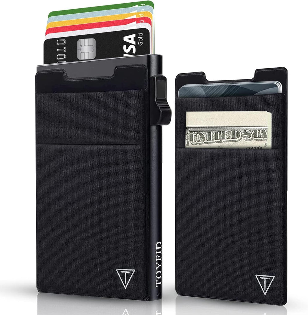 Slim RFID Blocking Wallets,Pop Up Minimalist Card Holder for Men & Women Metal Thin Front Pocket Wallet Credit Card Holder with Elastic Coin Pocket,6-12 Card Capacity,Black