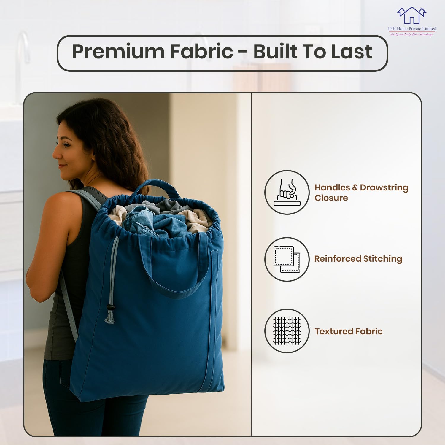 LFH Home Cotton Canvas Large Laundry Bag with Handle, Heavy Duty Drawstring Closure Washable Laundry Bags, School Travel, Home, Hotel, College Dorm, Organizer Sack, Toys Clothes 28x40-Sky Blue