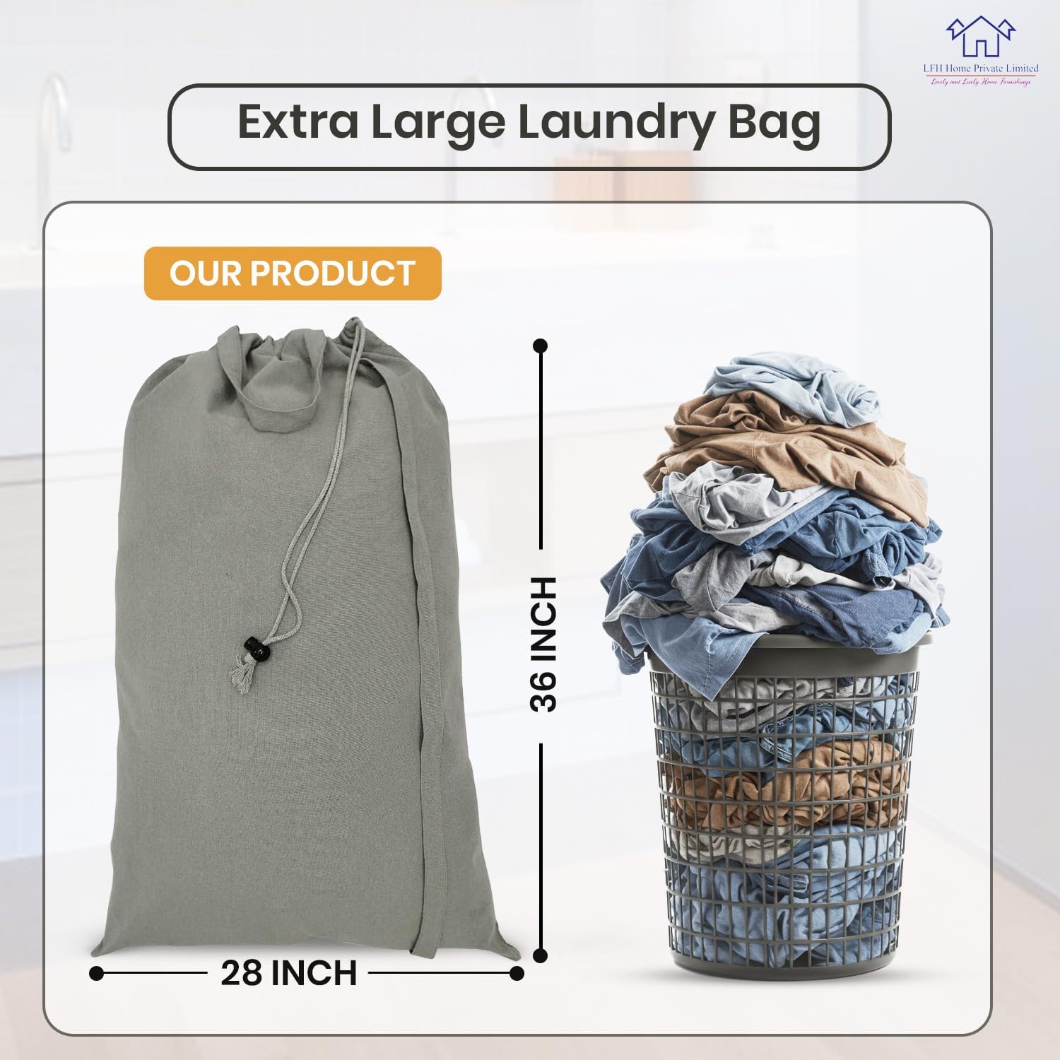 LFH Home Cotton Canvas Extra Large Laundry Bag with Handle, Heavy Duty Drawstring Closure Washable Laundry Bags, School Travel, Home, Hotel, College Dorm, Organizer Sack, Toys Clothes 28x36-Grey