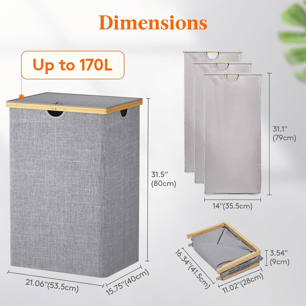 Lifewit 170L Triple Laundry Hamper with Lid, Extra Large Bamboo Laundry Basket Dirty Clothes Hamper,3 Section Laundry Bin Organizer for Laundry Room Bedroom with 3 Removable Liners & Bags, Light Gray