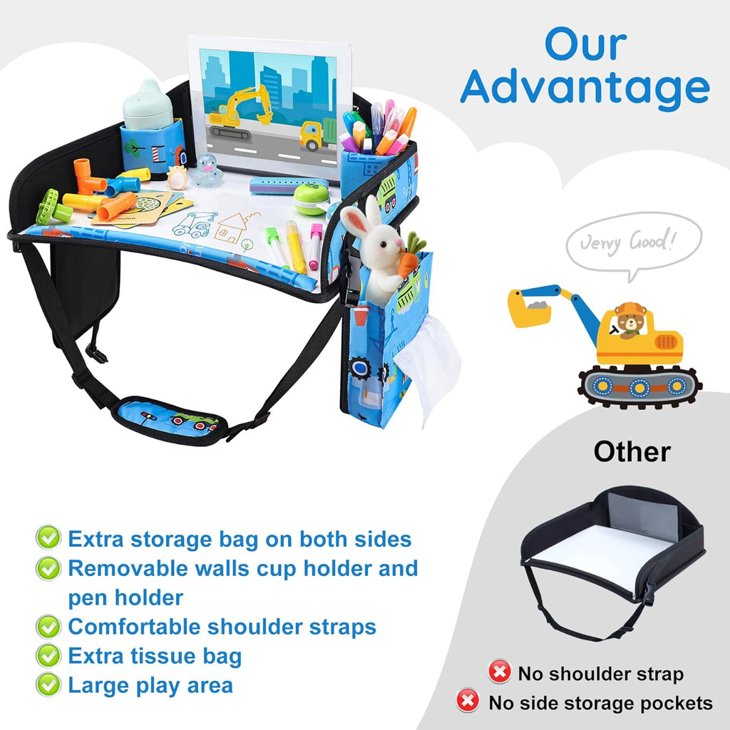 Kids Travel Tray, Kids Travel Trays for Car Seat, Road Trip Essentials for Toddler, Carseat Lap Tray with Dry Erase Board & Storage Organizer for Road Trip Activities for Kid, Light Blue