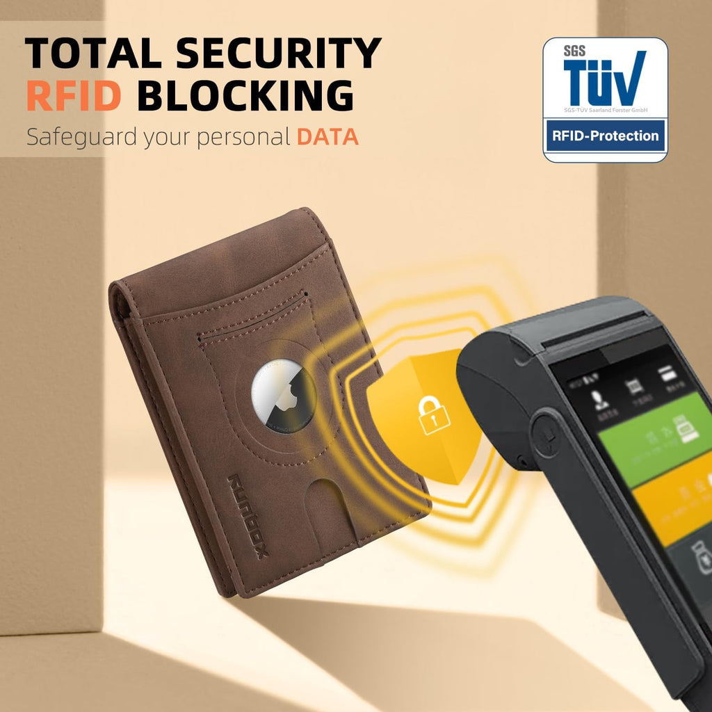 RUNBOX AirTag-Wallet-Mens-Slim-RFID Blocking Wallets Leather with Bill Compartment Air Tag Bifold Card Holder Wallet Gifts for Men Dad