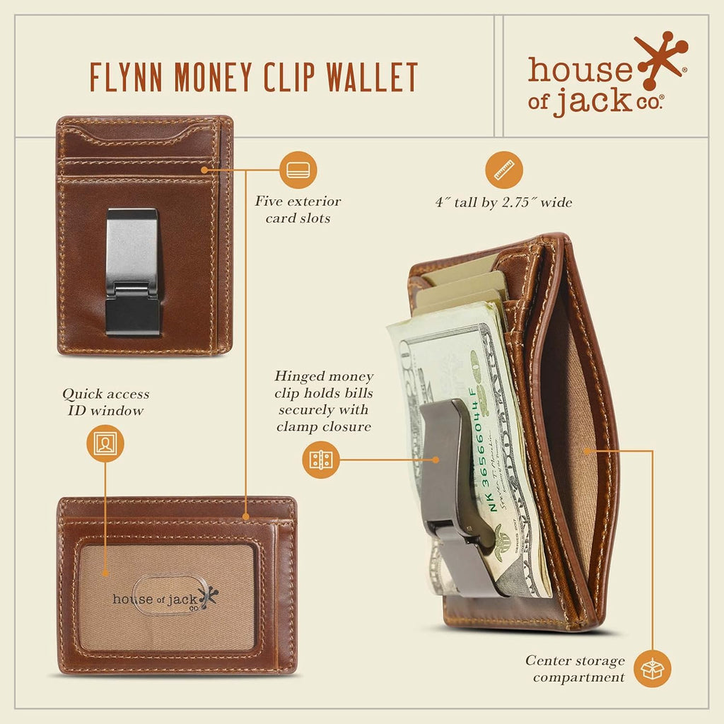 House of Jack Co. Flynn Hinged Money Clip Wallet for Men, Slim Front Pocket Card Holder, Full Grain Cowhide Leather Wallet, Brown