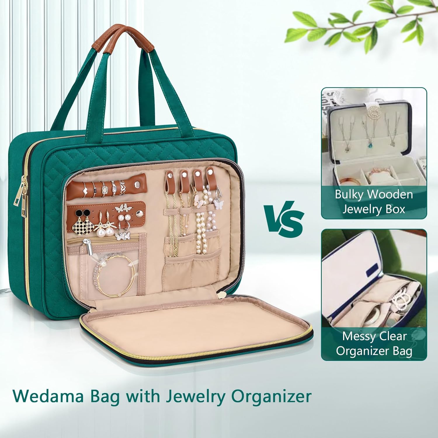 Wedama Toiletry Bag for Women, Hanging Travel Toiletry Bag with Jewelry Organizer Compartment Large Makeup Bag, PVC Waterproof Cosmetic Travel Bag Trips Camping Bathroom, Green+Brown