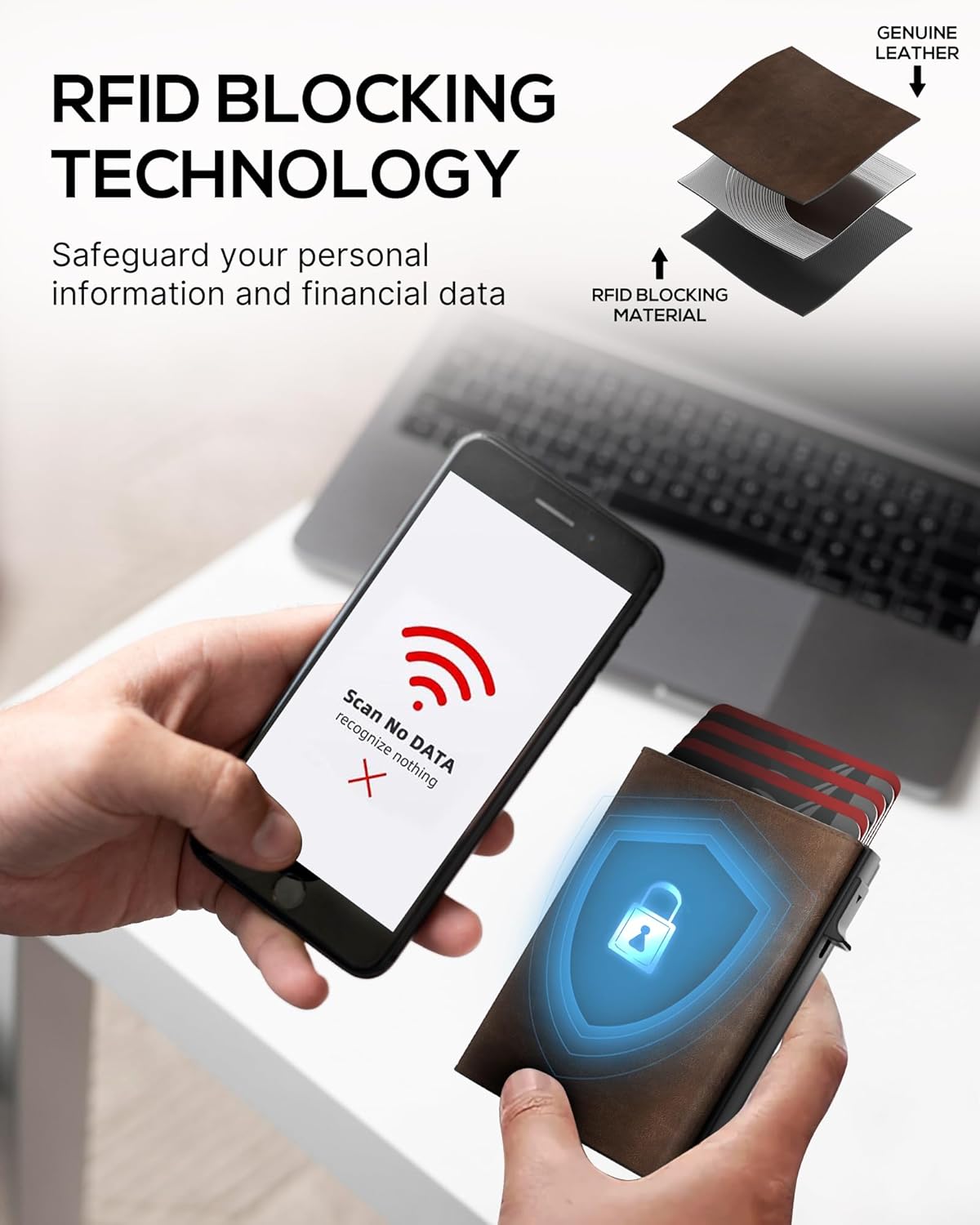 Mens Wallet Card Holder - Smart Wallet for Men, Pop Up Card Case, Top Grain Leather, RFID Blocking, Slim, Minimalist, Ultra-Thin, Front Pocket, 12 Card Capacity | ID Window | Cash Slot (Brown)