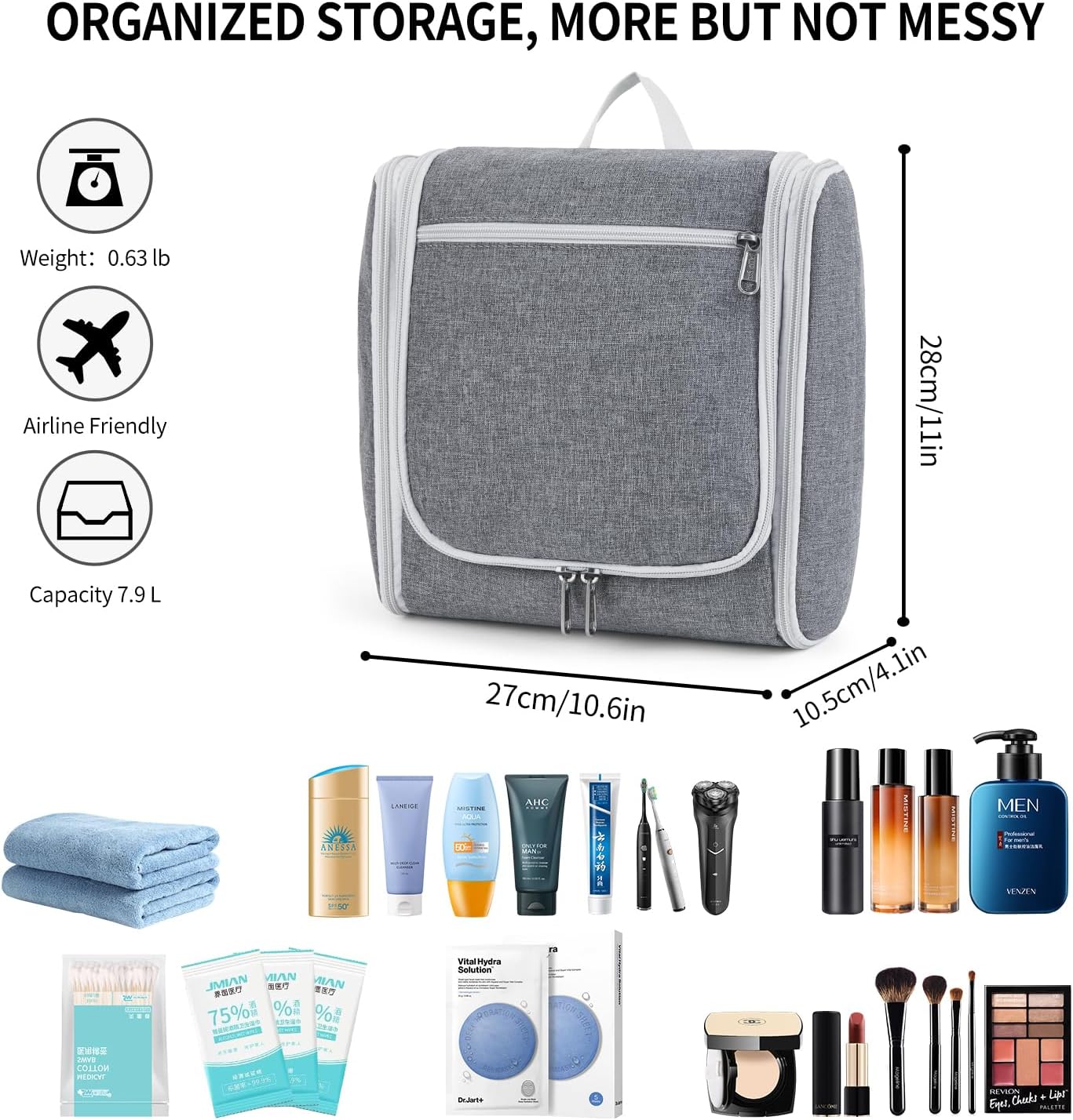 Della Gao Travel Hanging Toiletry Bag for Men and Women, Large Capacity Cosmetics Bag Makeup Bag Organizer, Bathroom Bag, Water-Resistant Nylon, Grey