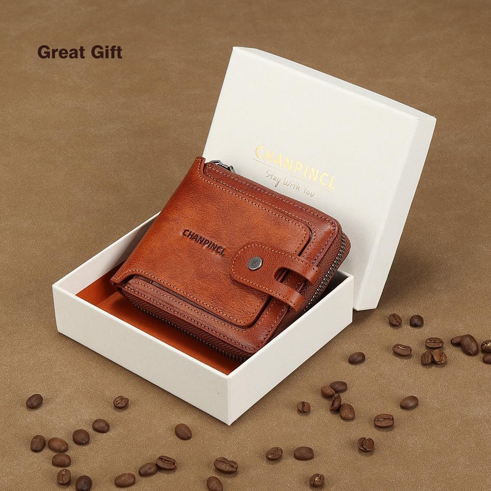 Men's brand buckle driver's license zipper genuine leather wallet, large capacity, multifunctional coin pocket (Yellowish brown)