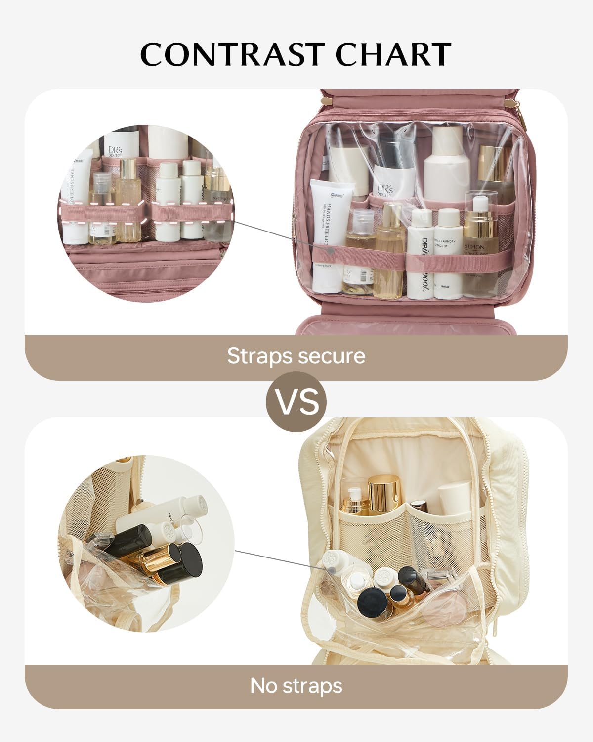 EACHY Hanging Toiletry Bag, Satin 4 Compartments Travel Toiletry Bags for Women, Large Capacity Make Up Organizer Bag with Handle & Compartments (Rose-Pink, L)