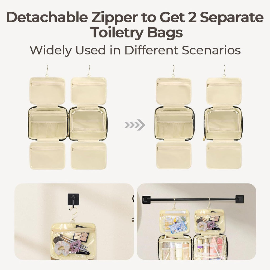 Hanging Travel Toiletry Bag for Women Detachable Toiletry Bag with 6 Compartments Large Makeup Bag Cosmetic Organizer for Bathroom Shower Business Trips Camping，Black