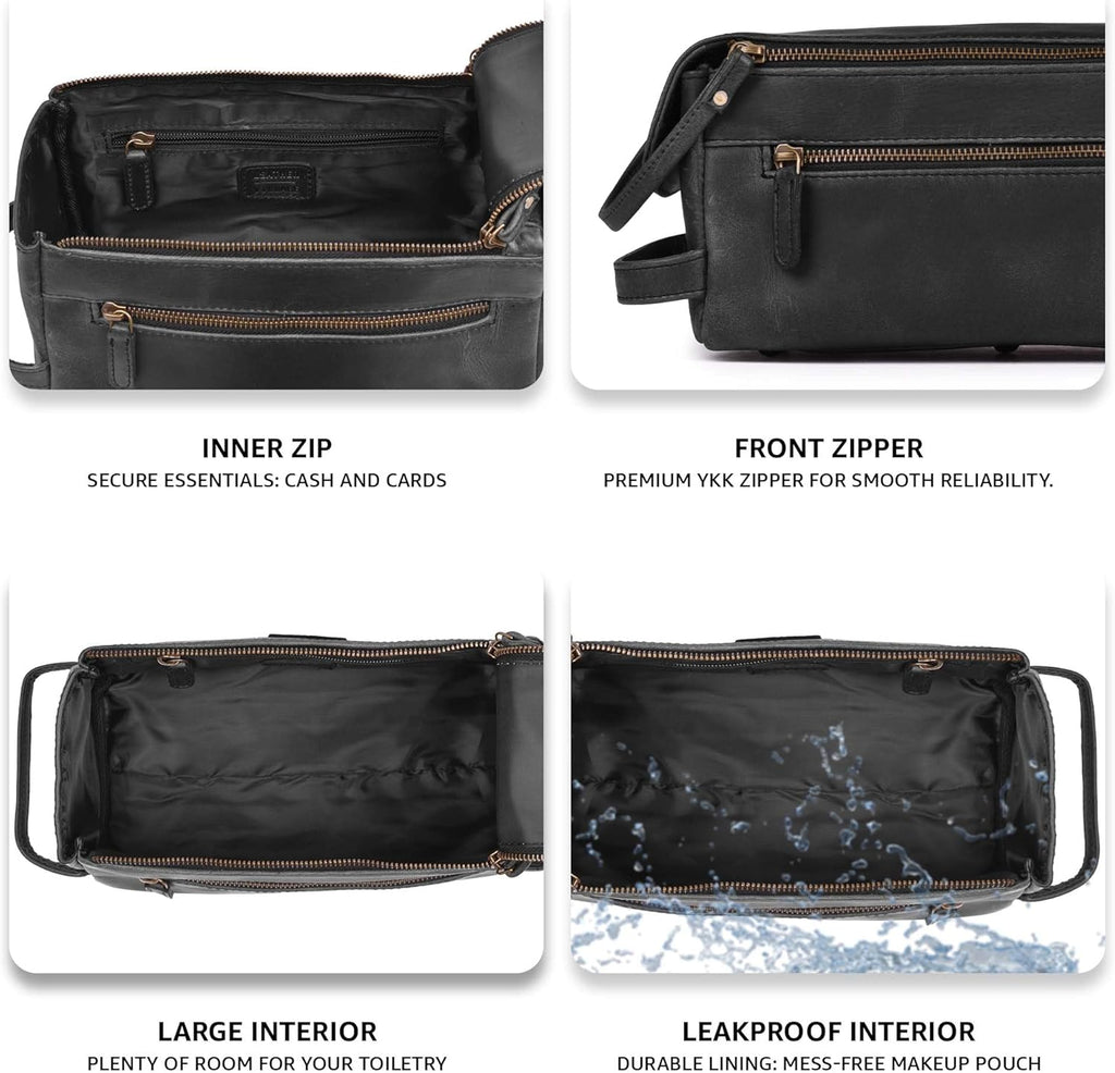 LEATHER VILLAGE Premium Leather Travel Toiletry Bag - Unisex Water-Resistant Travel Dopp Kit, Shaving & Cosmetic Organizer for Men & Women - Compact Bathroom Essentials - Distressed Black