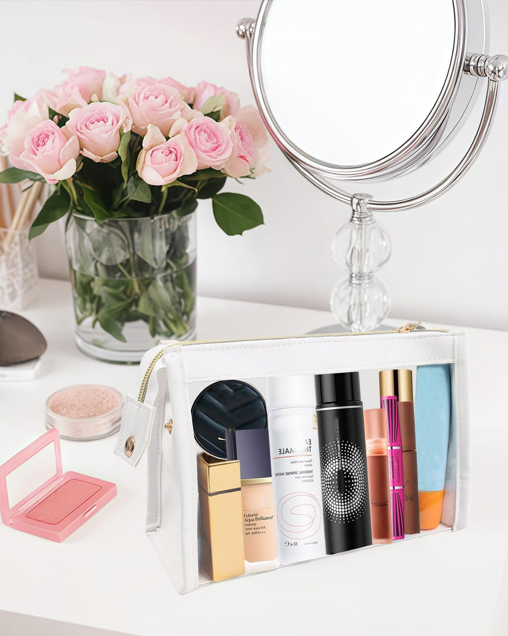 Small Clear Makeup Bag, Waterproof Clear Travel Toiletry Bag Case Cosmetic Bag with Zipper Small Makeup Pouch Travel Bags for Toiletries Travel Essentials Car Organizer