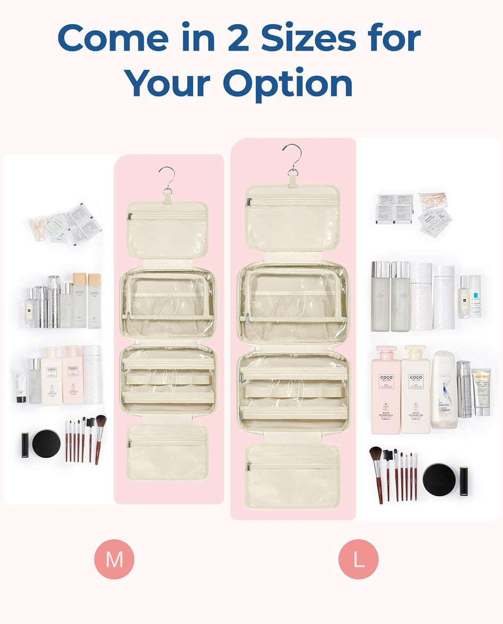 BAGSMART Travel Toiletry Bag with Jewelry Organizer, Hanging Travel Bag for Toiletries, Puffy Makeup Cosmetic Bag Organizer, Carry-on Travel Accessories Essentials, Beige-L