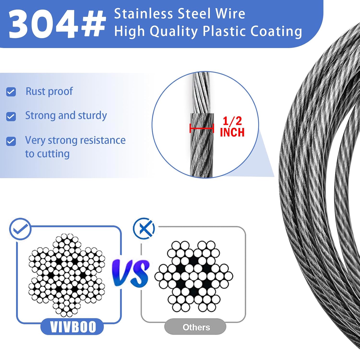 1/2Inch Heavy-Duty Security Cable Lock with Loops 4FT/6FT/8FT/10FT Bike Lock Cable Steel Cable Chain Locks for Outside