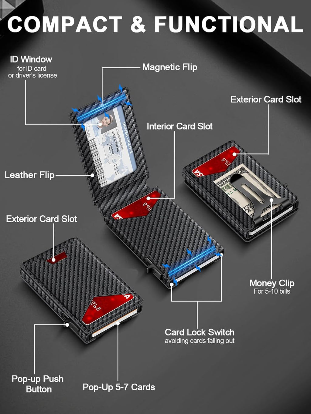 Wallet for Men RFID Wallet with Money Clip, Slim Pop Up Card Holder for 10-12 Cards, Minimalist Smart Credit Card Case with ID Window, Bifold Metal Wallet for Front Pocket, Gifts for Men