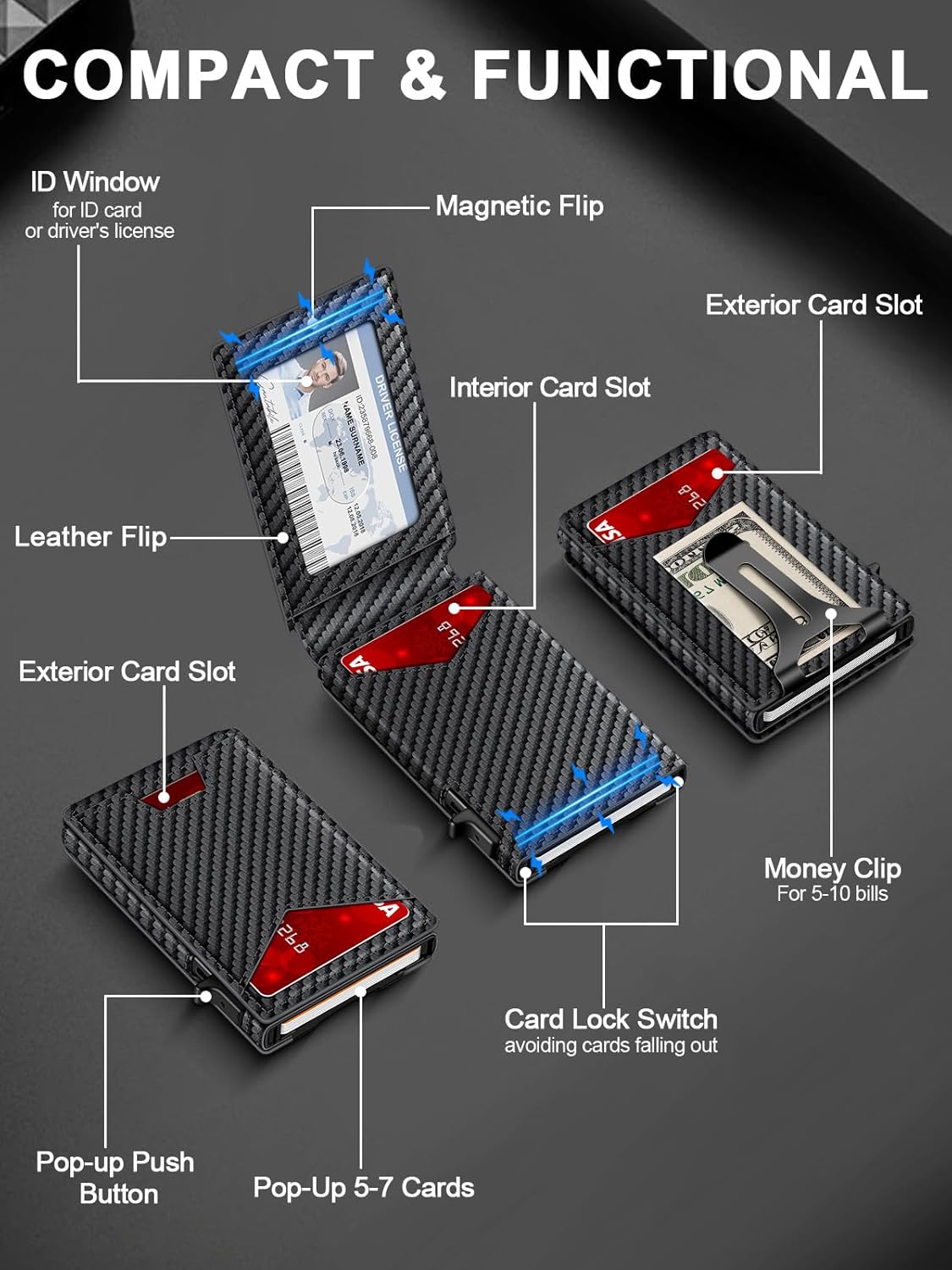 Wallet for Men RFID Wallet with Money Clip, Slim Pop Up Card Holder for 10-12 Cards, Minimalist Smart Credit Card Case with ID Window, Bifold Metal Wallet for Front Pocket, Gifts for Men