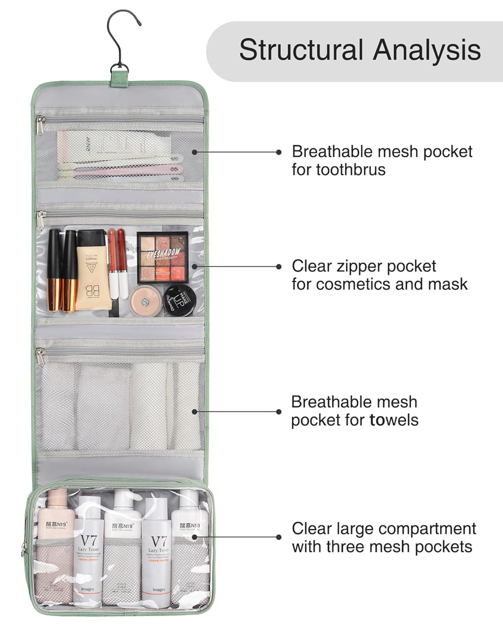 Relavel Travel Hanging Toiletry Bag for Men Women Travel Kit Shaving Bag Waterproof Large Makeup Bag Wash Bag Makeup Organizer Cosmetic Case for Bathroom Shower Green Pro