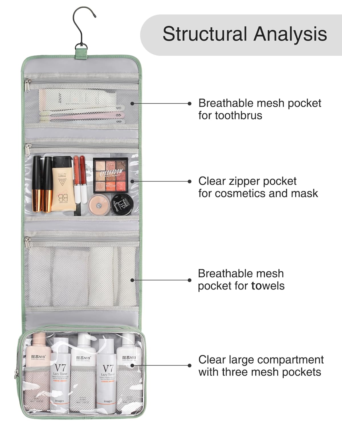 Relavel Travel Hanging Toiletry Bag for Men Women Travel Kit Shaving Bag Waterproof Large Makeup Bag Wash Bag Makeup Organizer Cosmetic Case for Bathroom Shower Green Pro