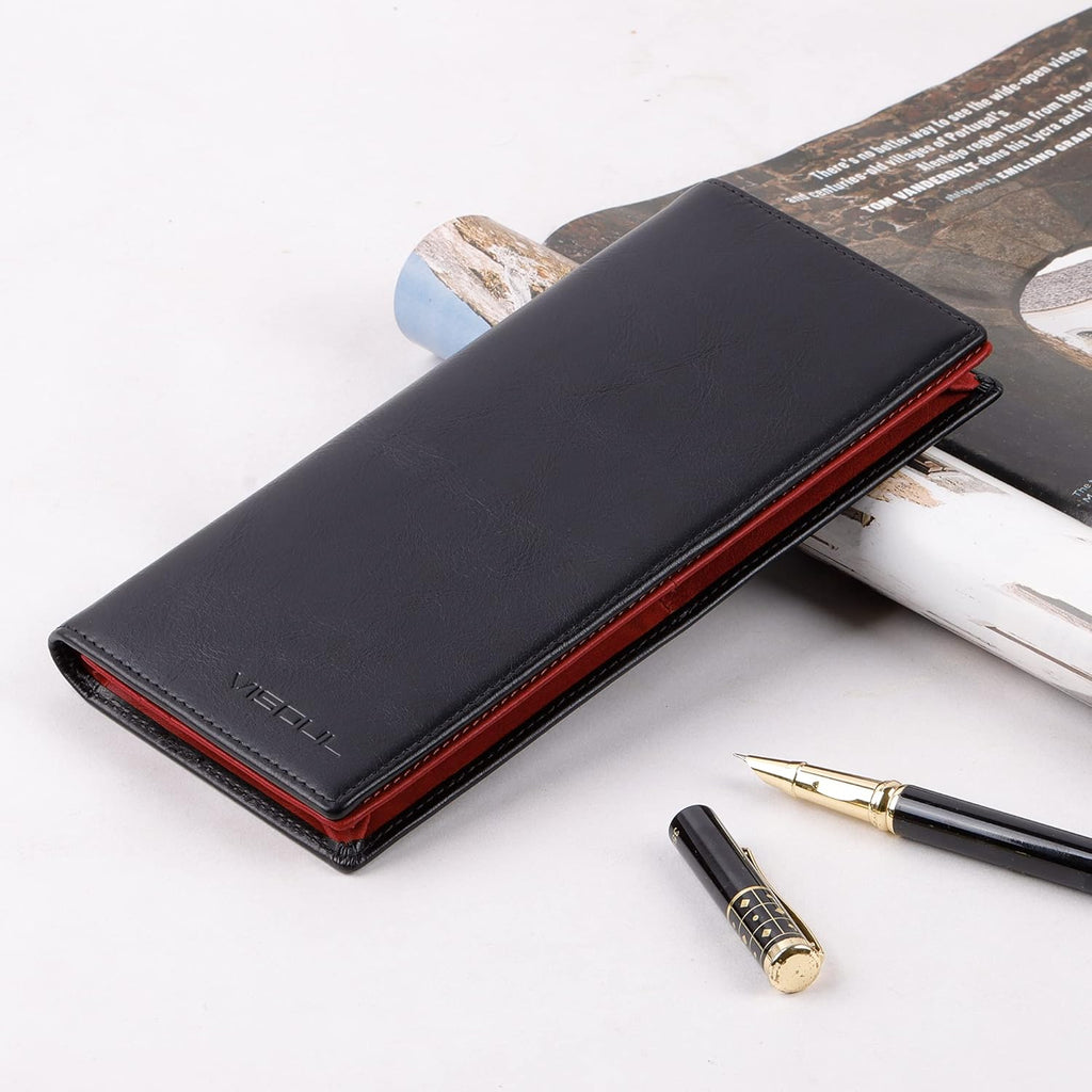 VISOUL Mens Leather Long Bifold Checkbook Wallets with RFID Blocking, Contrast Colors Breast Pocket Tall Billfold Secretary Wallet for Men with Card Slots (Black and Burgundy)
