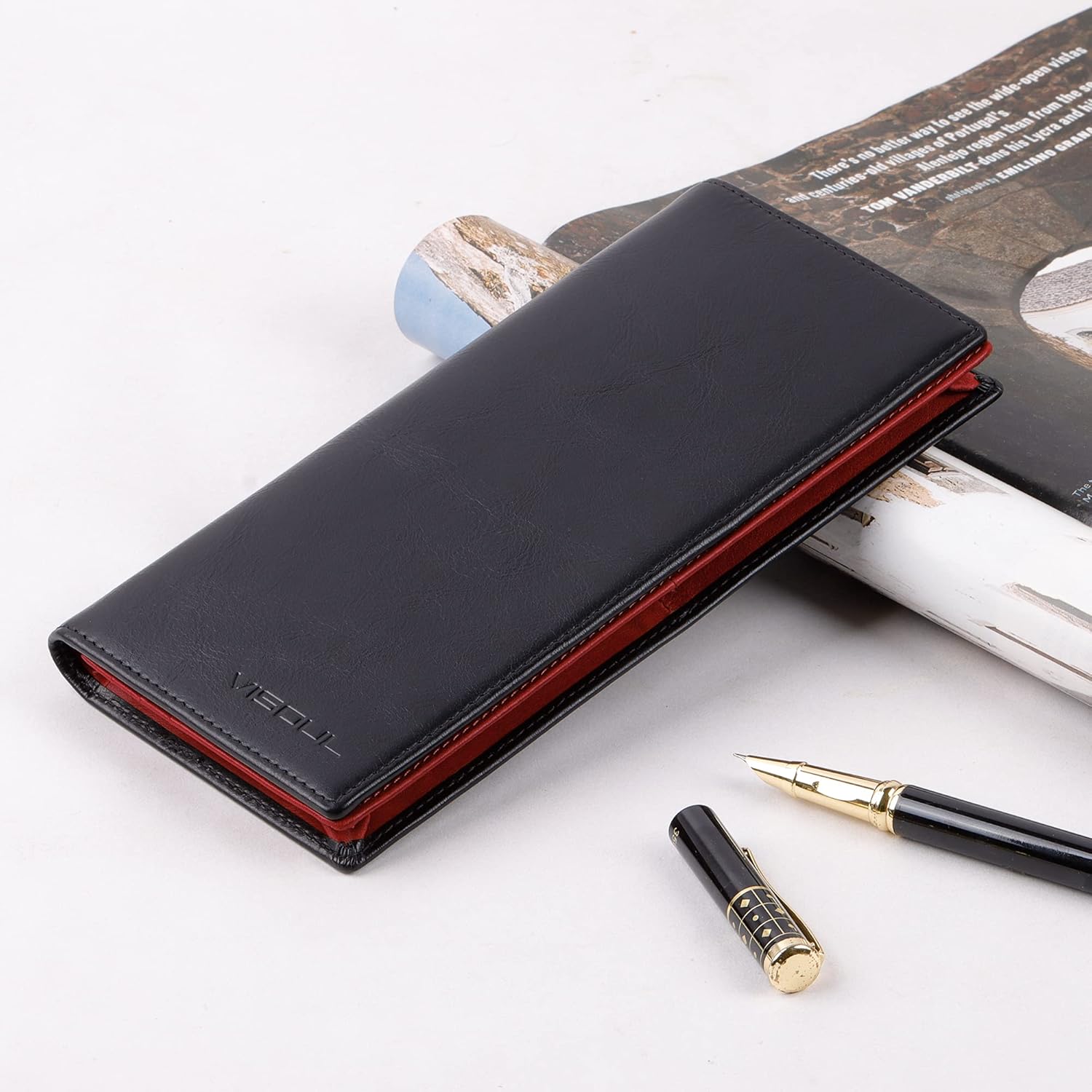 VISOUL Mens Leather Long Bifold Checkbook Wallets with RFID Blocking, Contrast Colors Breast Pocket Tall Billfold Secretary Wallet for Men with Card Slots (Black and Burgundy)