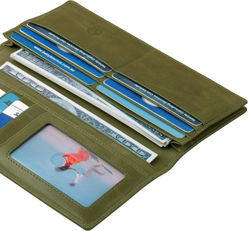 VISOUL Mens Long Bifold Checkbook Wallets Genuine Leather, Tall Checkbook RFID Wallets with Multi Card Pocket for Men (Olive Green)