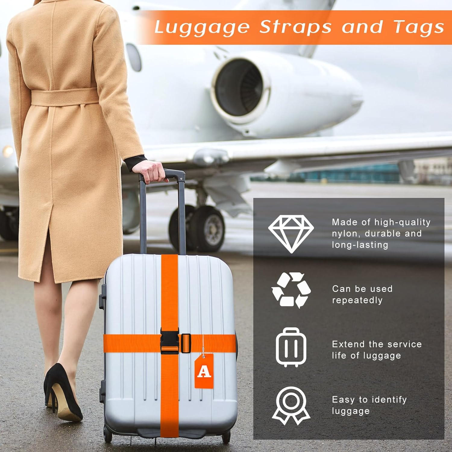 Weewooday 8 Pcs Luggage Straps Suitcase Tags Set for TSA Approved, 4 Travel Adjustable Suitcase Belt, 4 Silicone Luggage Tags with Name ID Card Travel Accessories (Light Orange,A)