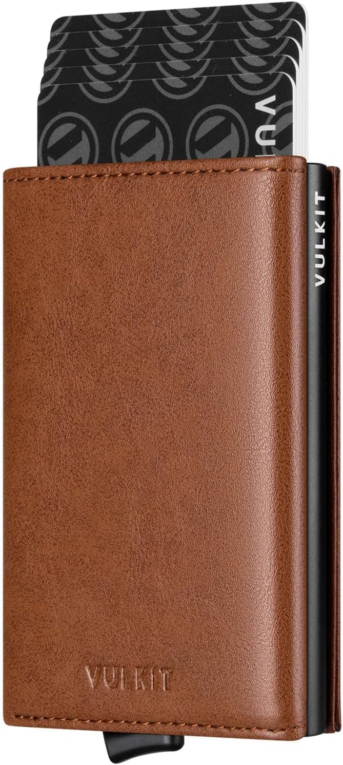 VULKIT Pop up Card Wallet Minimalist Cash Wallets RFID Blocking Leather Smart Credit Card Holder with ID window for Men(Brown)