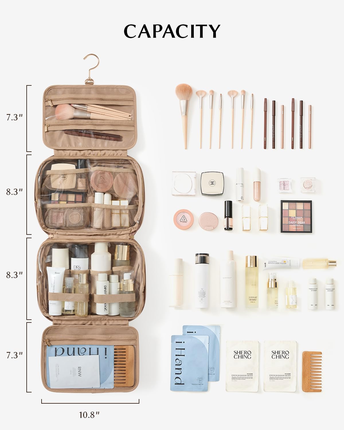 EACHY Hanging Toiletry Bag, Satin 4 Compartments Travel Toiletry Bags for Women, Large Capacity Make Up Organizer Bag with Handle & Compartments (Brown, L)