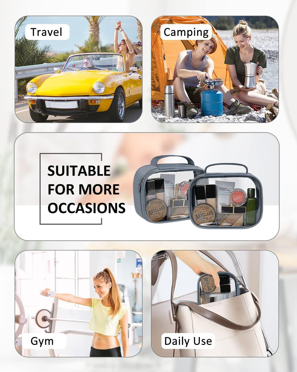 Moyad TSA Approved Clear Toiletry Bag with Handle, 2 Pack Quart Size 3-1-1 Liquids Pouch for Travel, Transparent Makeup & Cosmetic Organizer for Women Men, Grey