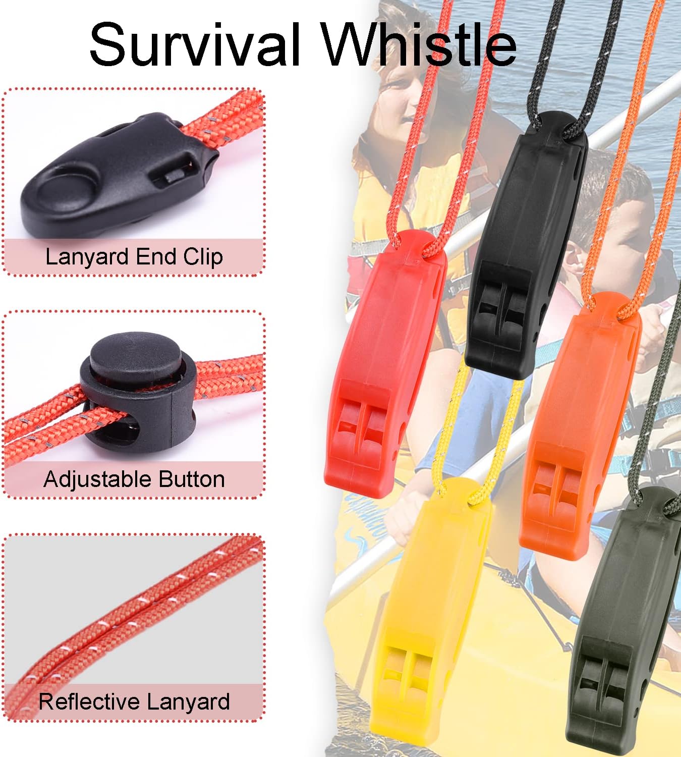 5 Pack Whistles Emergency, Shrill Loud Kayak Safety Whistle with Reflective Lanyard for Outdoor Climbing Hiking Camping Fishing Boating Boat Life Jacket Water Survival Rescue Signaling (5 Color)