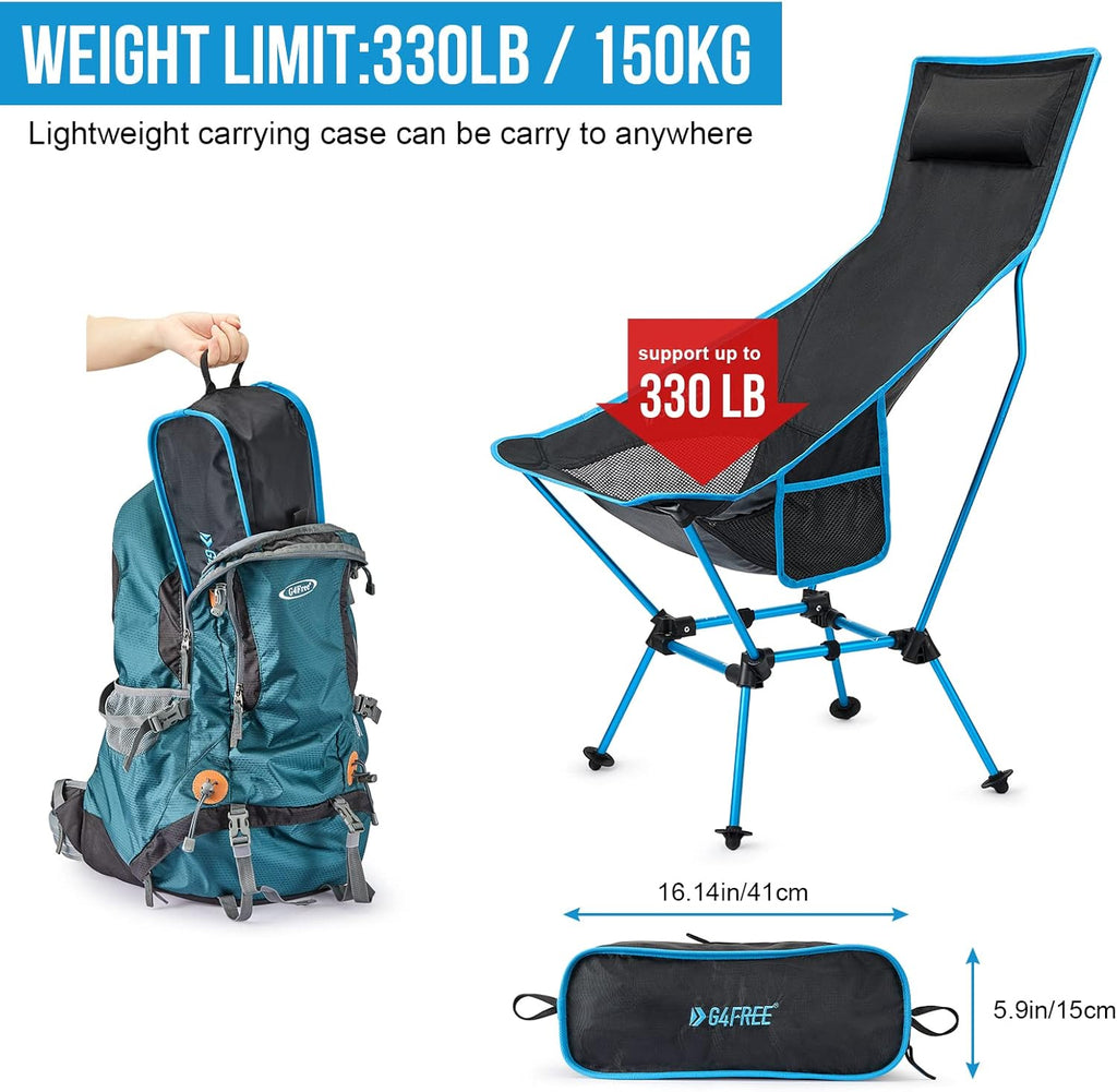 G4Free Lightweight Portable High Back Camp Chair, Folding Chair Lawn Chair Heavy Duty 330lbs with Headrest & Pocket for Outdoor Camp Travel Beach Hiking