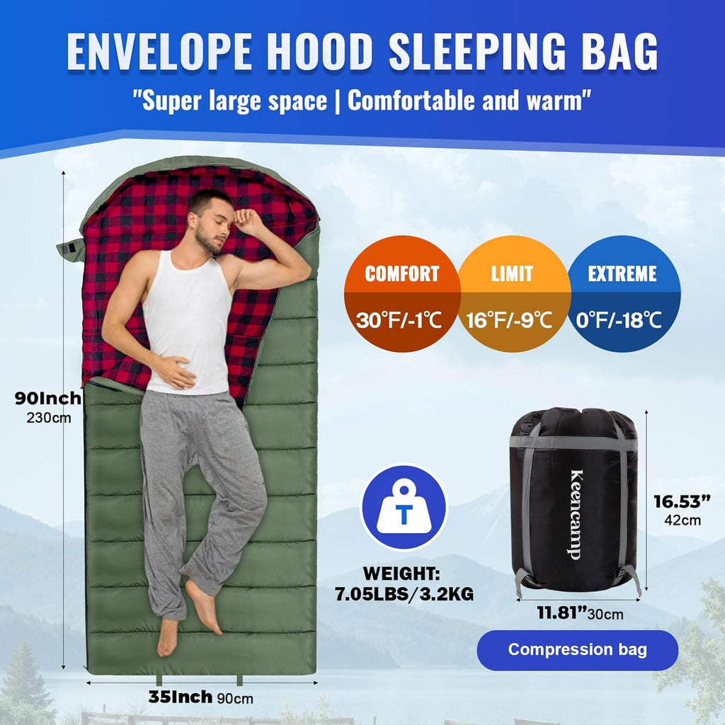 0 Degree Sleeping Bag Cotton Flannel Winter Cold Weather for Adults XXL Sleeping Bag 4 Season Big and Tall with Pillow Compression Sack