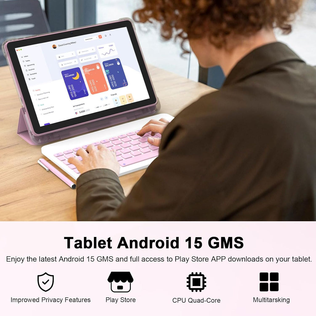 Android 15 Tablet 10 Inch, 20GB RAM+128GB ROM/2TB Expandable, 2 in 1 Tablets with Keyboard Case Mouse Stylus, 2.0GHz Quad-core Processor, 1280*800 IPS HD Screen, 5G WiFi6 BT 5.0, 8MP Camera Tableta PC