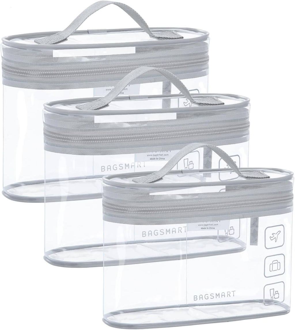 BAGSMART TSA Approved Toiletry Bag, 3 Pack Clear Makeup Cosmetic Bag Organizer, Quart Size Travel Bag for Toiletries, Carry-on Travel Accessories Essentials, Gray-3pcs