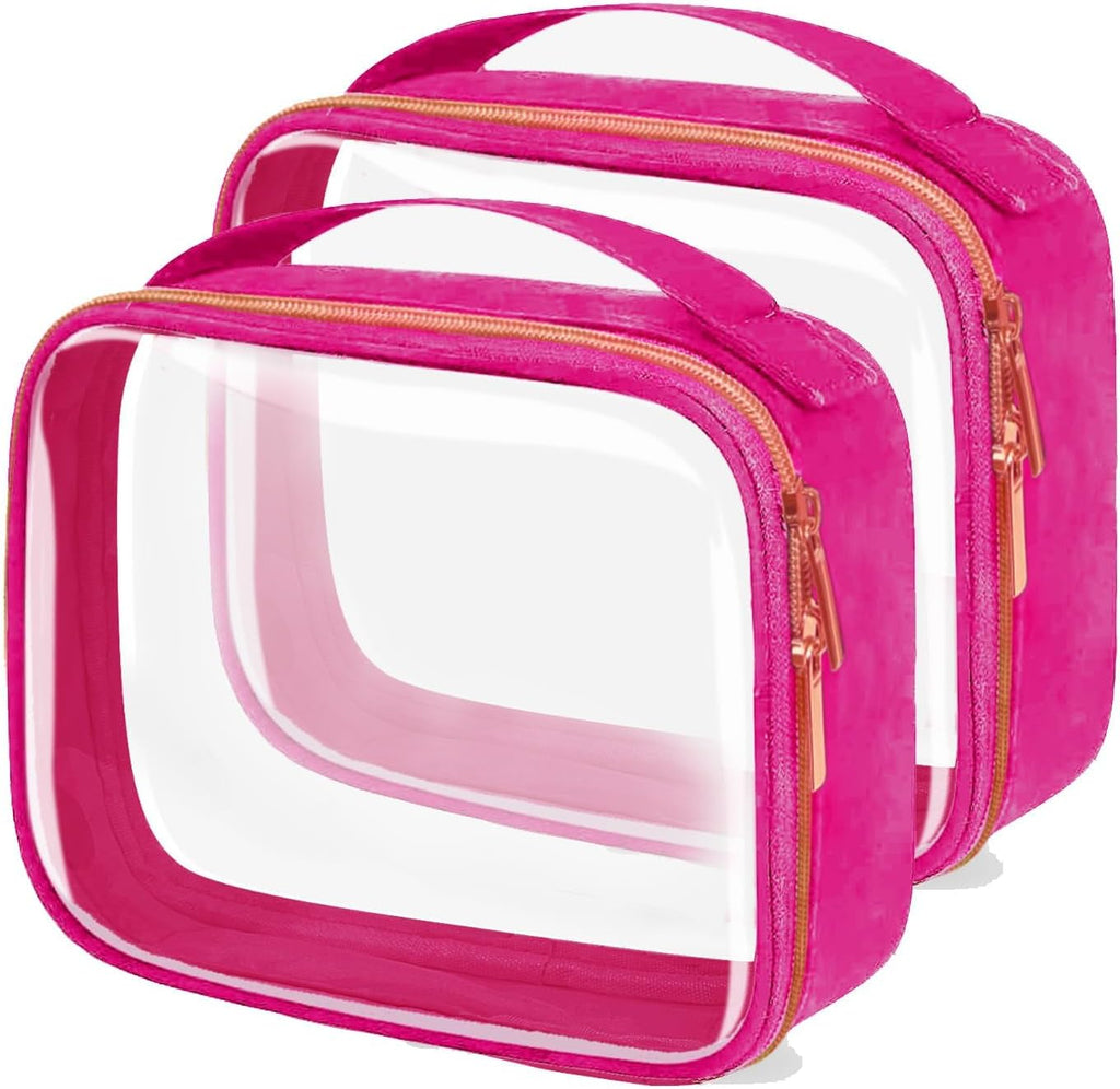 TSA Approved Travel Toiletry Bag,2 Pack Clear Makeup Bags with Handles,Quart Size Clear Cosmetic Bags for Traveling Women,Men,Carry on Airport Airline Compliant Bag,Rose Red