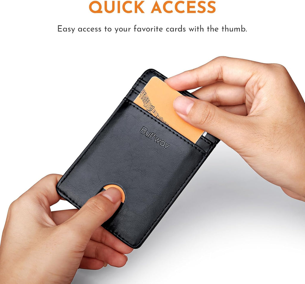 Buffway Mens Slim Wallet, Minimalist Thin Front Pocket Leather Credit Card Holder with RFID Blocking for Work Travel