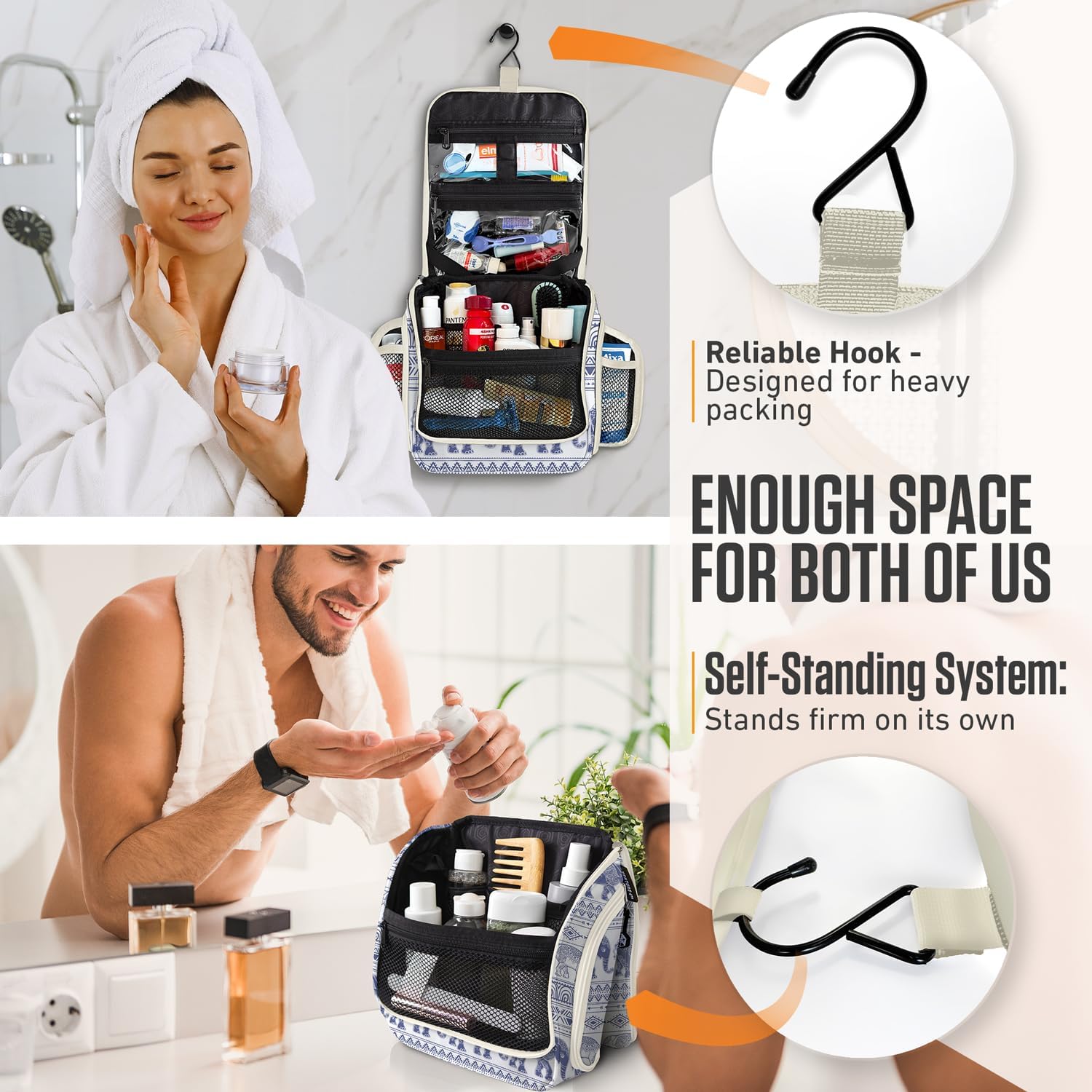 VENTURE 4TH Hanging Travel Toiletry Bag for Women & Men - Travel Organizer with Expandable Compartments & Removable Clear Pouch for Toiletries (Blue Elephant)