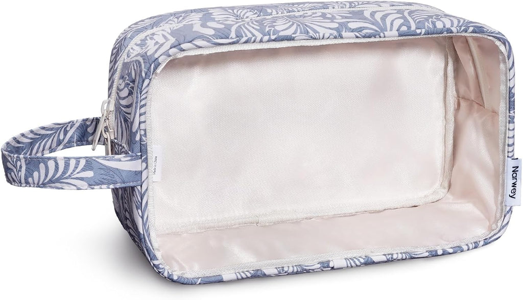 Narwey Clear Toiletry Bags for Traveling Women Men, Clear Travel Bags for Toiletries Makeup Bag Cosmetic Bag with Zipper, Make Up Organizer, Skincare Bag (Blue Leaf)