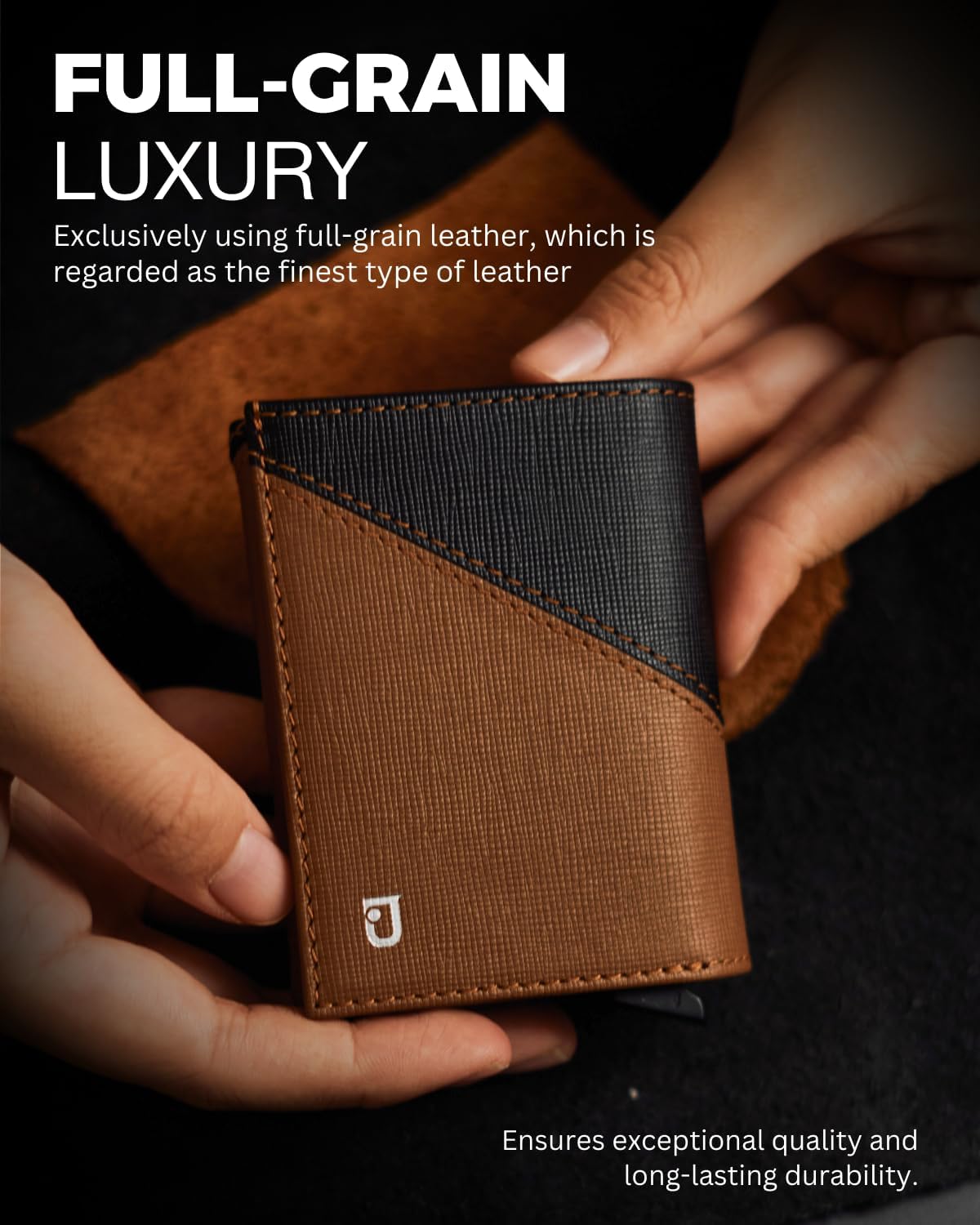 Jenoss Smart Wallet For Men: Full Grain Leather, Handcrafted, Slide Metal Pop Up Case, Slim RFID Blocking Credit Card Holder, Compact 12 Cards Slot Organizers, ID, Money Clip(Brown & Black)