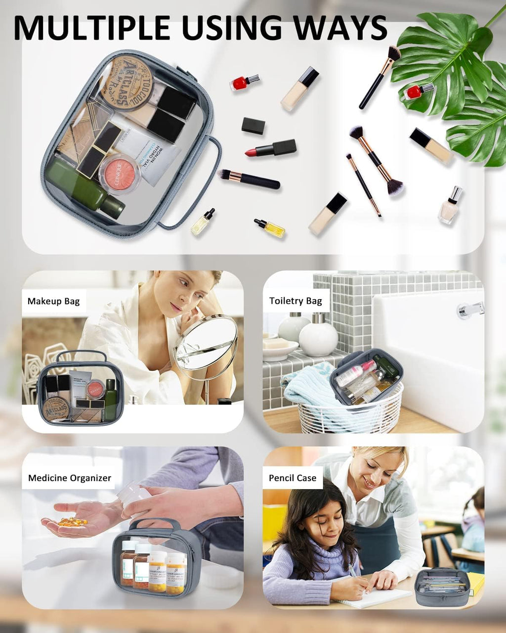 Moyad TSA Approved Clear Toiletry Bag with Handle, 2 Pack Quart Size 3-1-1 Liquids Pouch for Travel, Transparent Makeup & Cosmetic Organizer for Women Men, Grey