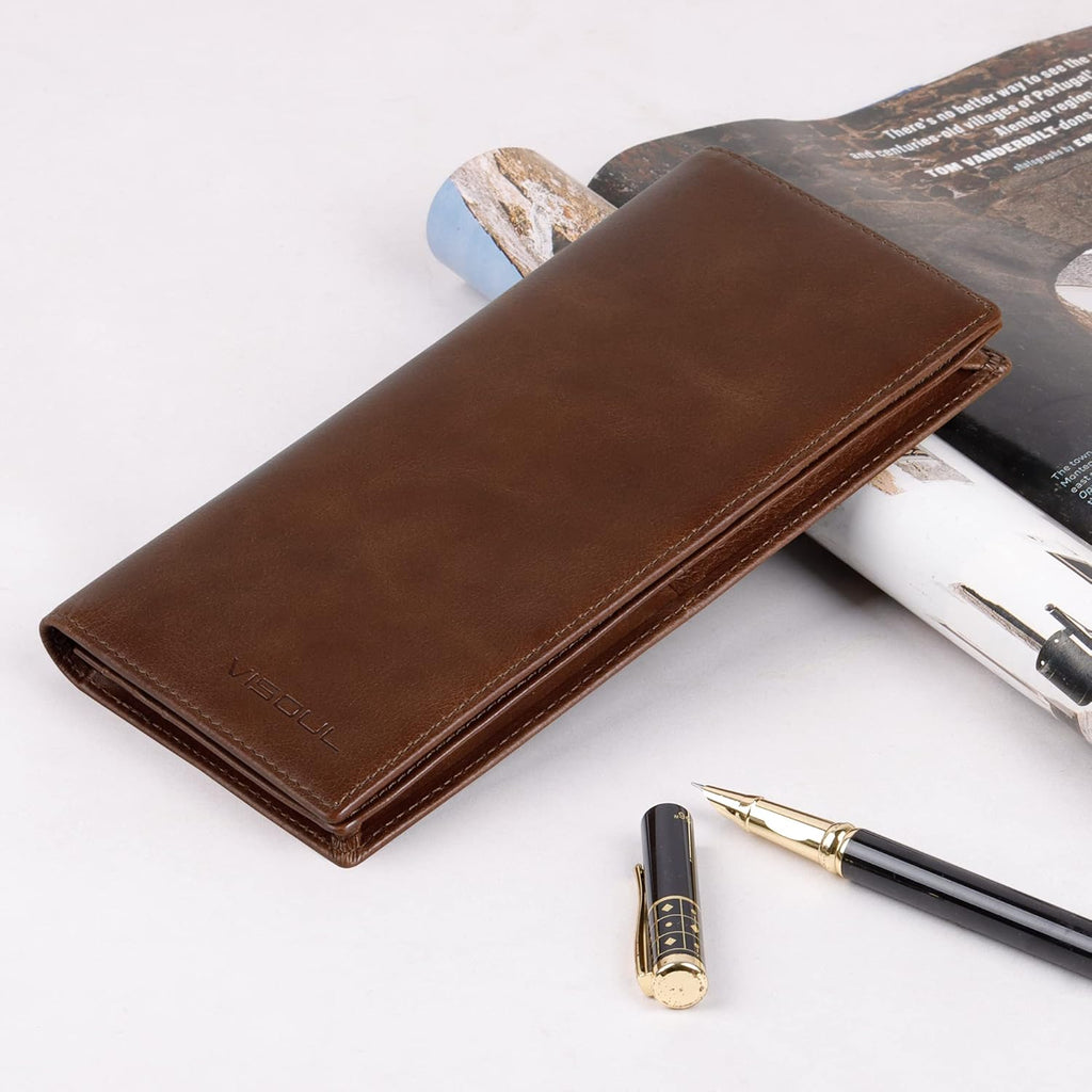 VISOUL Mens Checkbook Leather Wallets Long Bifold Wallets for Men Suit Wallet with 3 Cash Compartments 12 Credit Card Slots (Brown)