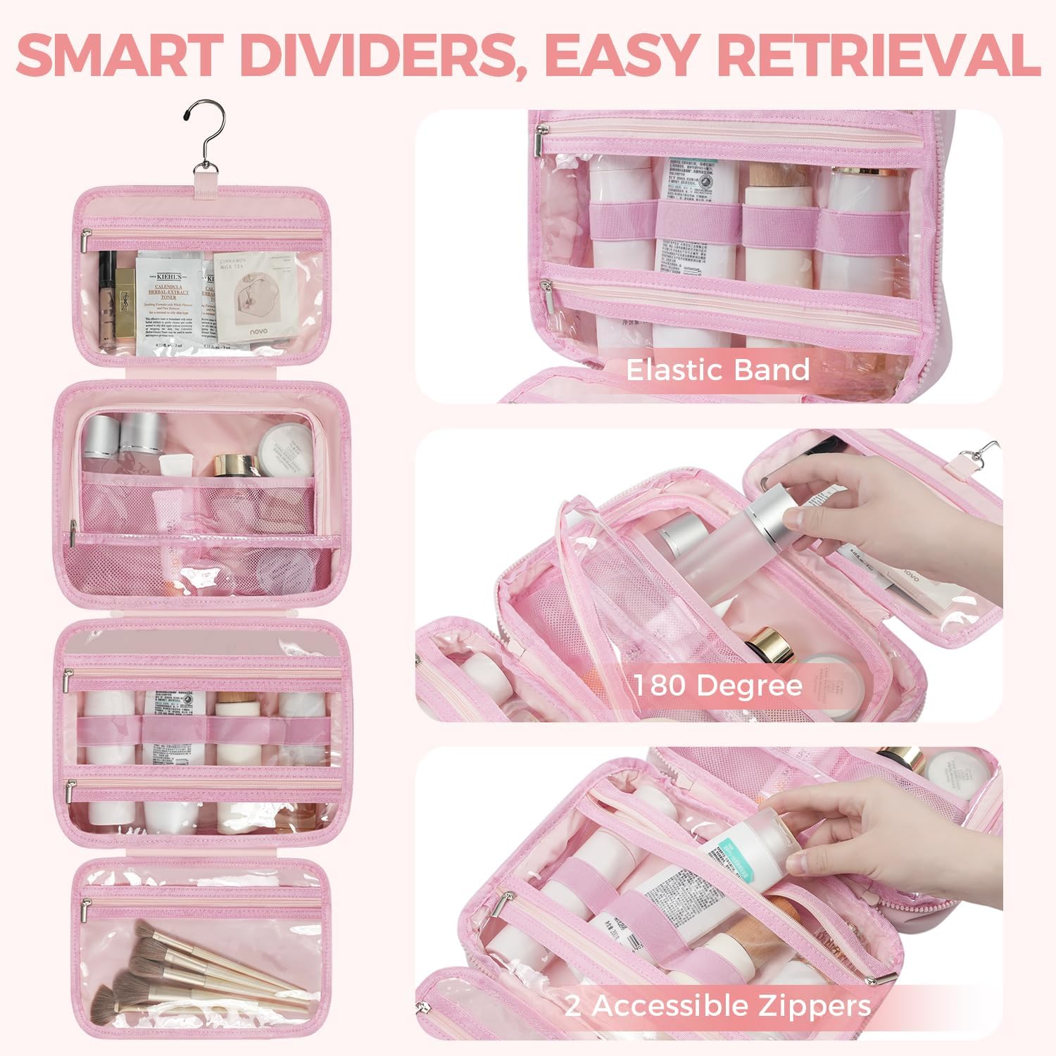 Toiletry Bag For women,Portable Hanging Organizer,4 Leakproof Compartment for full-sized Conditioner, Brushes Set, Makeup Accessories,Visible and easy to access.L-light pink